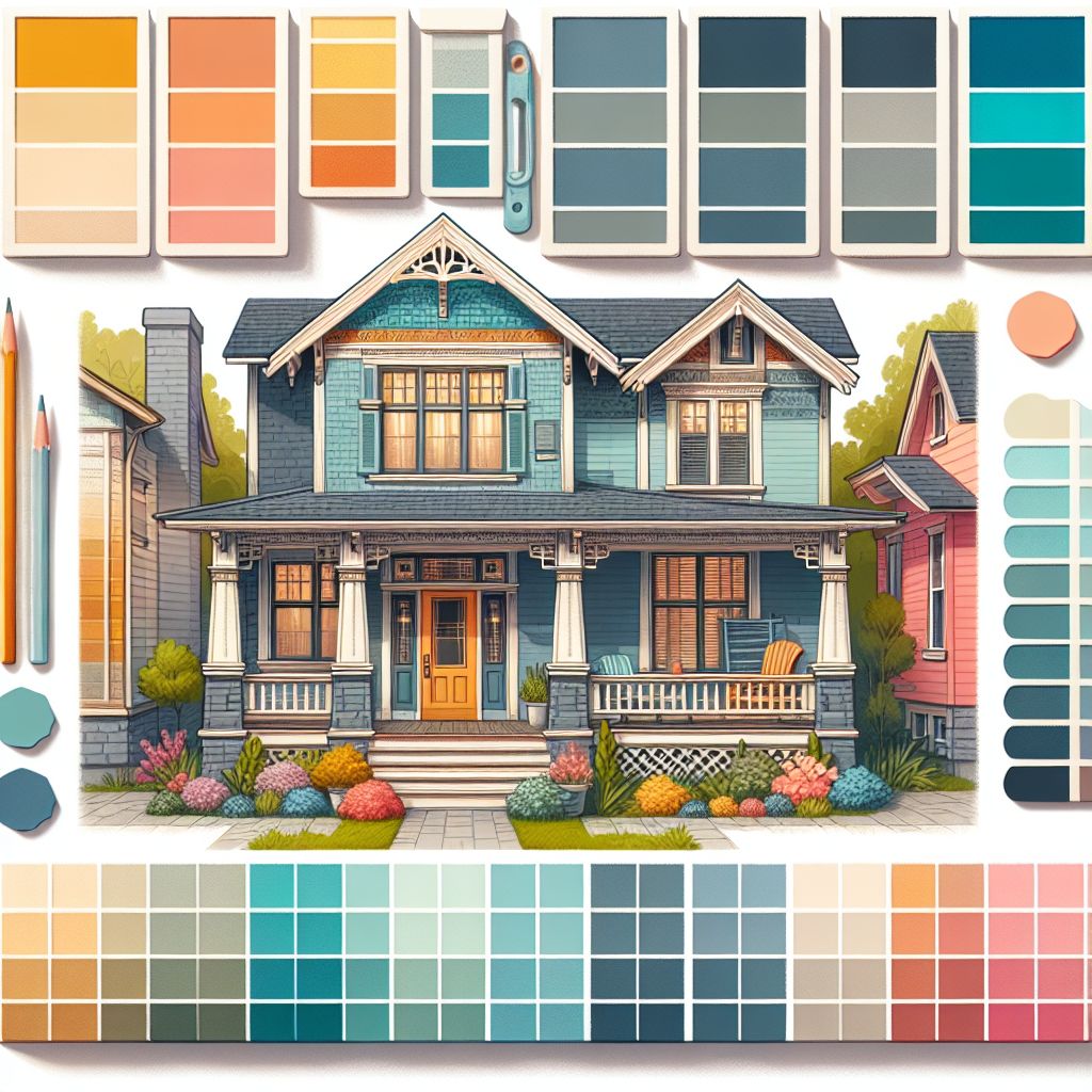 Illustration of a blue two-story house with a front porch and landscaped garden, accompanied by a palette of coordinating colors, captivates homeowners.