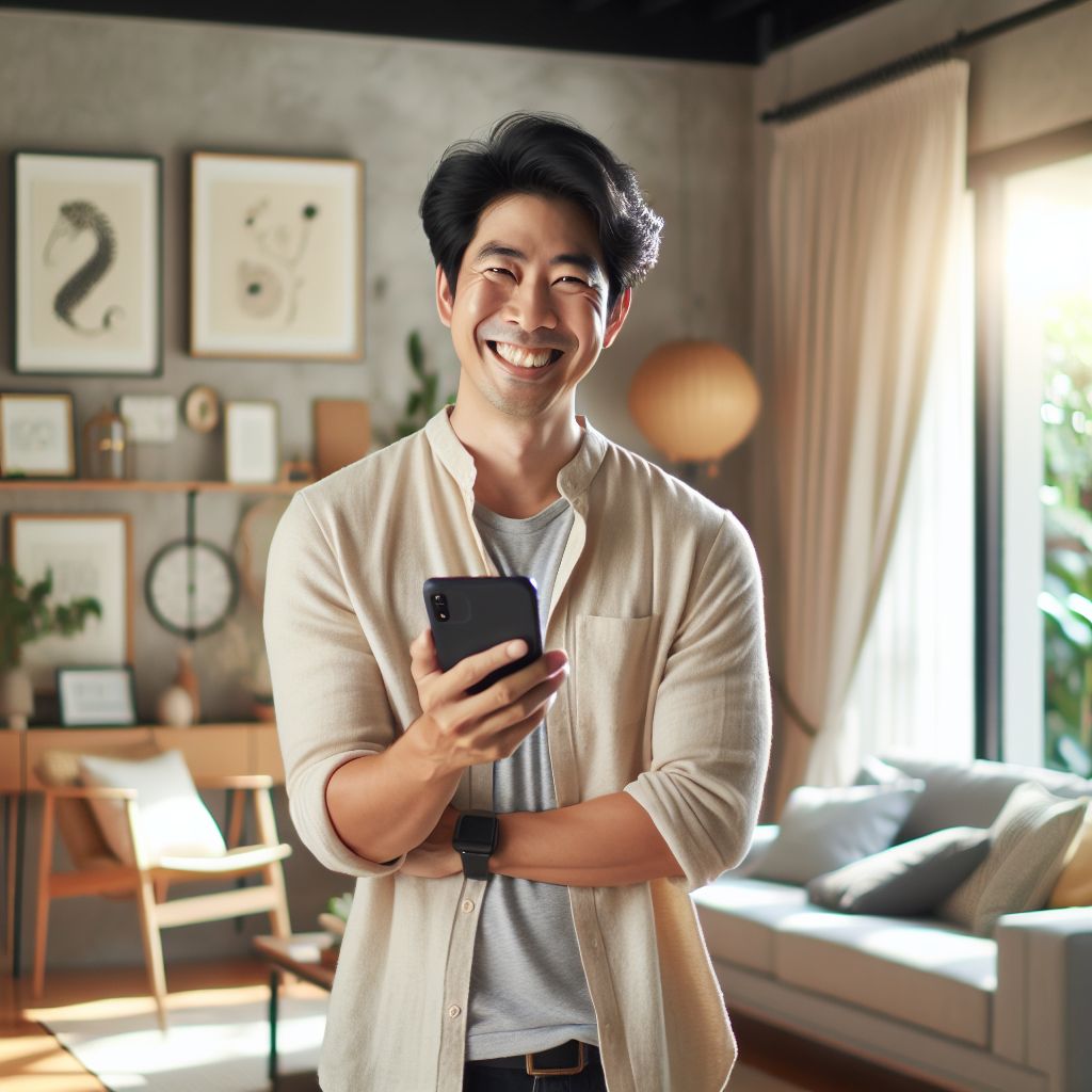 A cheerful person holding a smartphone in a well-decorated room, browsing a website optimized for search engine visibility.