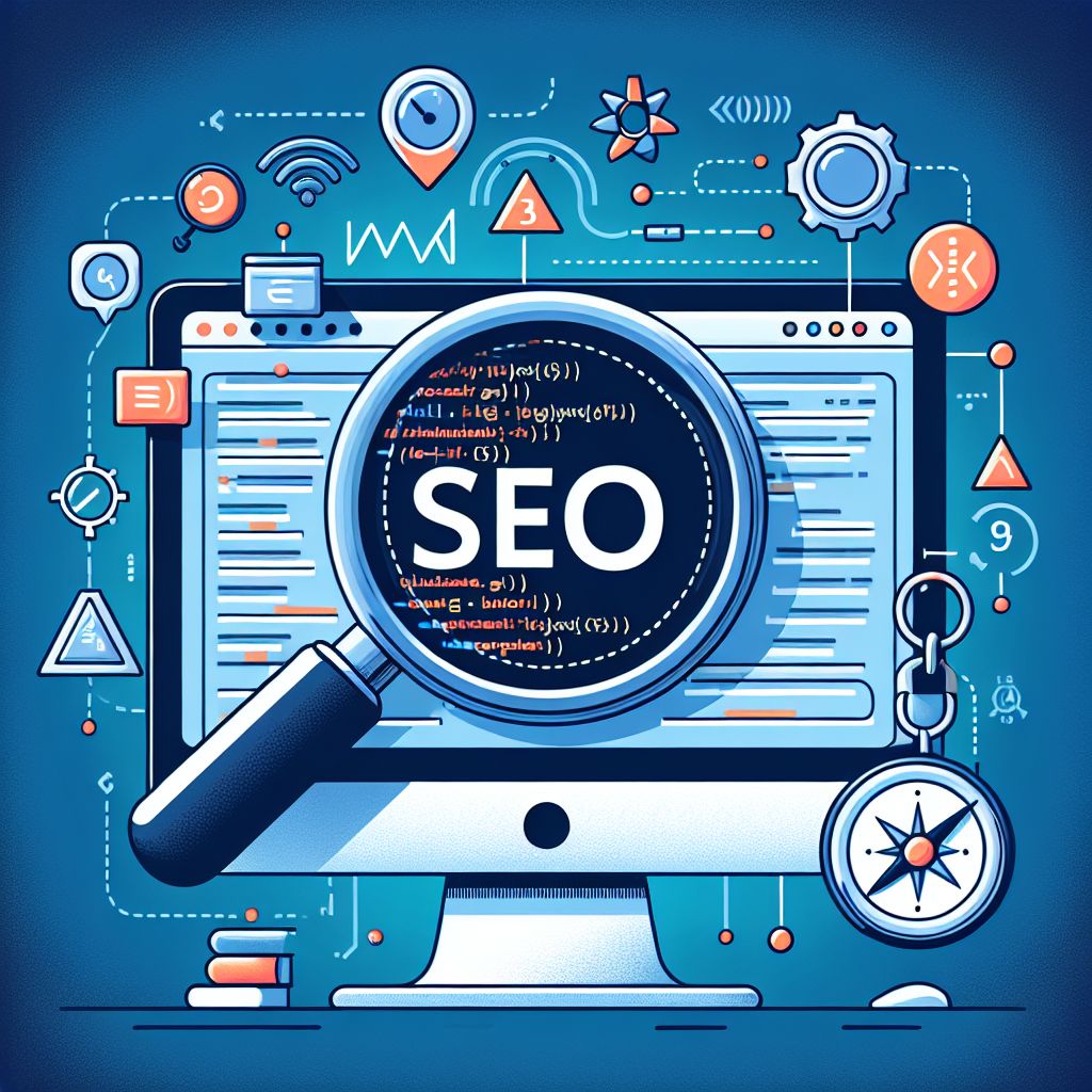 A conceptual illustration featuring a magnifying glass over a computer screen highlighting the acronym SEO, surrounded by various digital marketing and web analytics icons, emphasizing the optimizing website for improved search engine visibility.