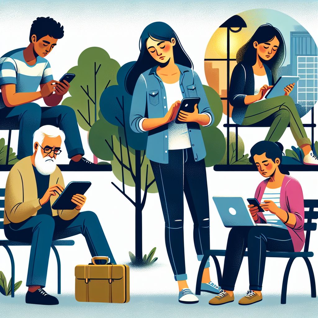 Illustration of diverse individuals engrossed in their digital devices in a park setting, showcasing modern solutions.