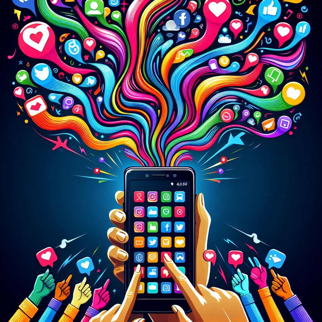 A person's hands holding a smartphone with colorful social media icons and symbols flowing out from the screen in a dynamic, abstract display of modern solutions.