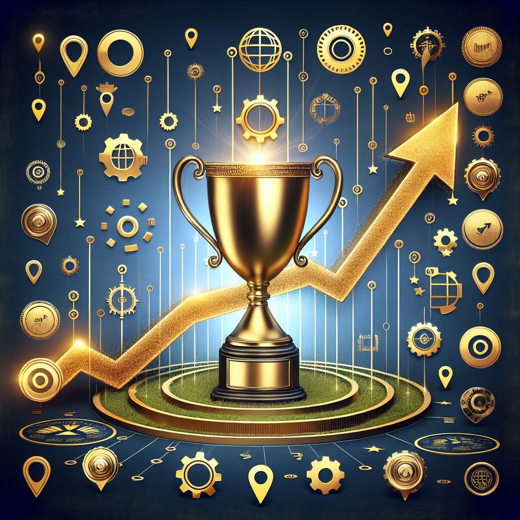 A golden trophy surrounded by various symbolic icons representing achievement, growth, and success against a blue background, demonstrating effective alternatives to outdated SEO strategies.