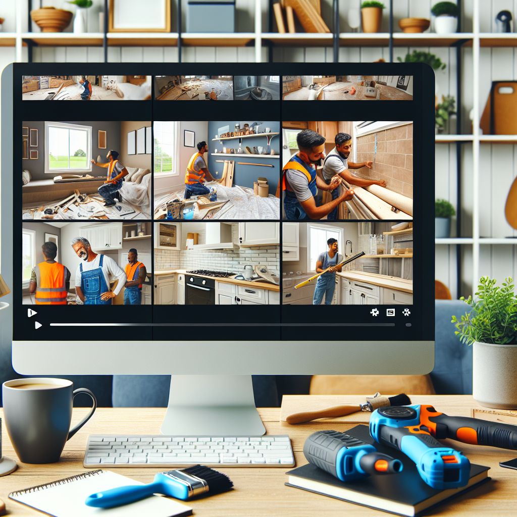 A computer screen displaying a grid of video clips documenting various home renovation projects, flanked by tools and a notebook on a desk, showcasing compelling content that captivates homeowners.