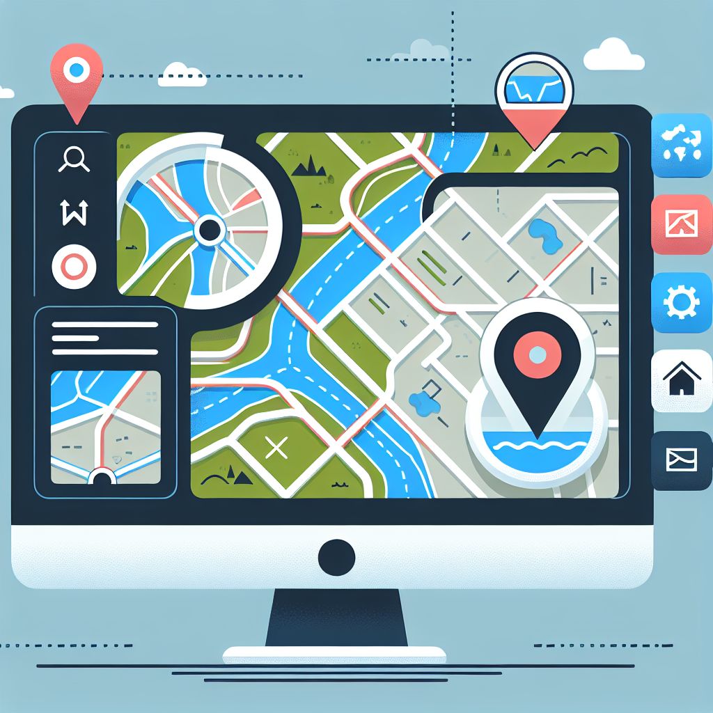 Flat design illustration of a computer monitor displaying a colorful Google Maps 3-Pack with gps navigation icons enhancing business visibility.