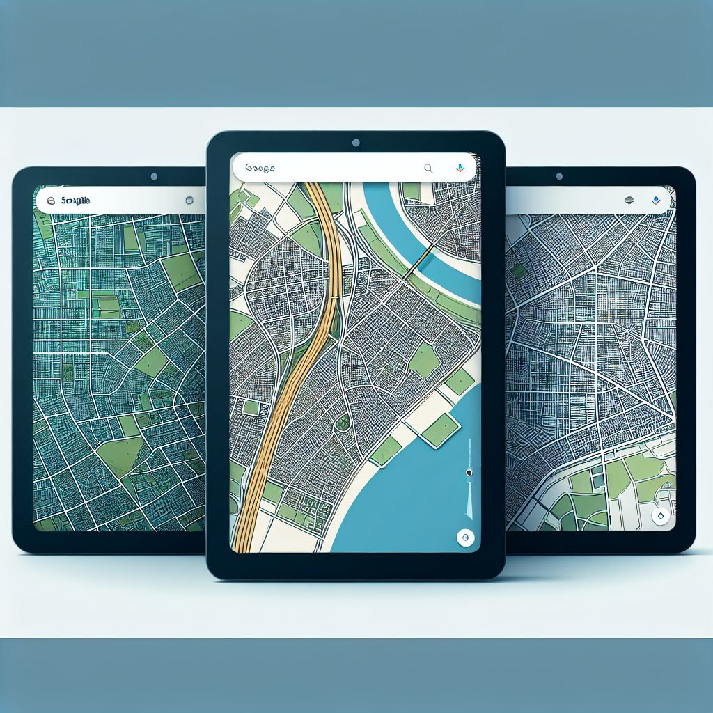 Three tablets displaying sections of a digital map application, highlighting the top 3 positions in Google Maps 3-Pack, on their screens.