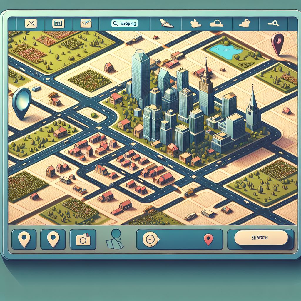 Isometric illustration of a stylized city map on a digital interface with various districts, navigation icons, and rankings for business visibility.