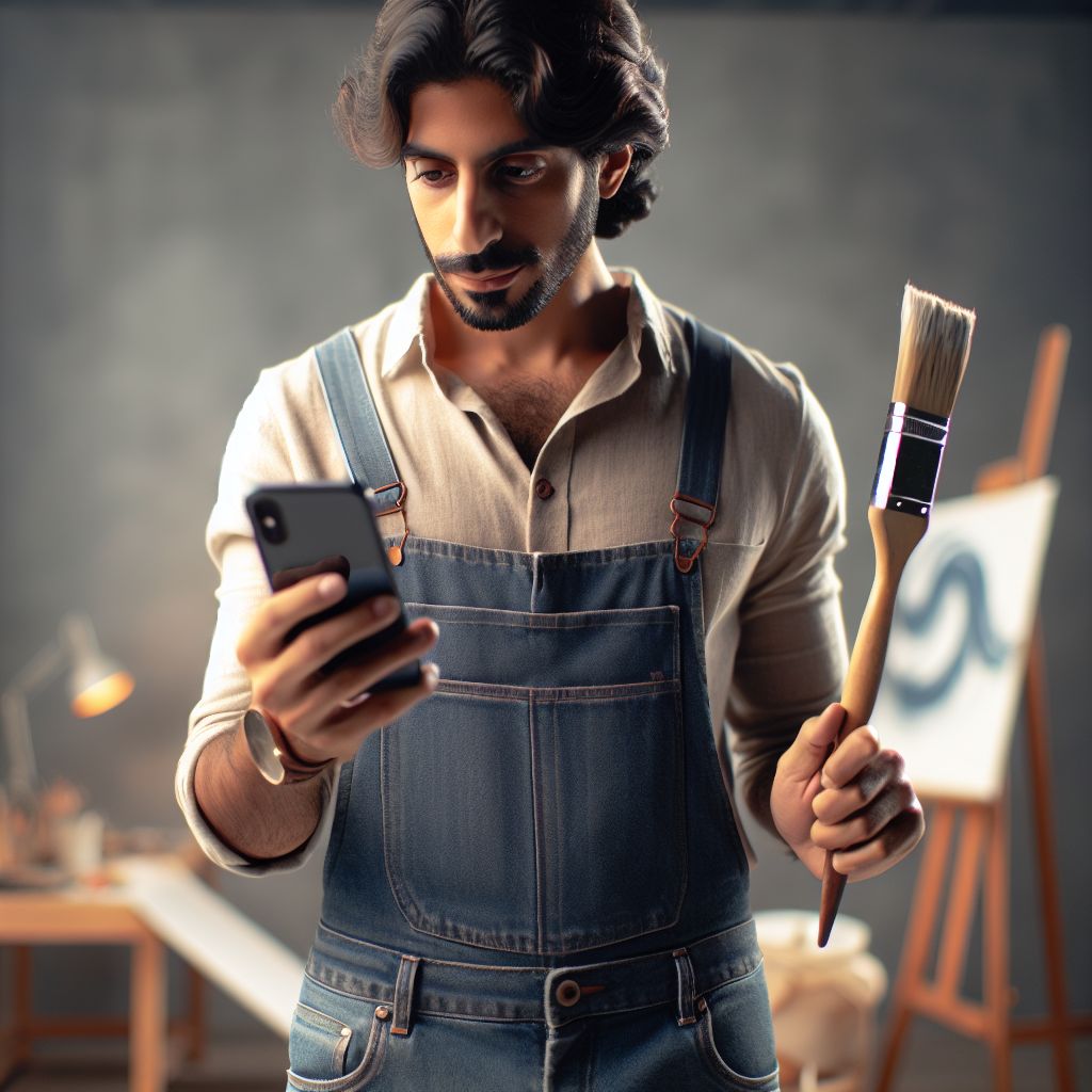 An artist in overalls holding a brush while looking at a smartphone in a studio with an easel in the background, captivates viewers with compelling content.