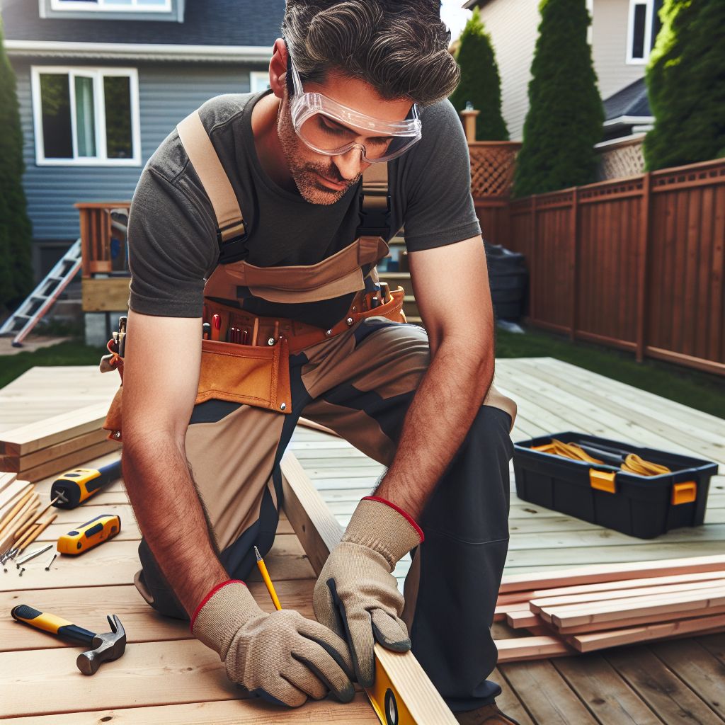 A deck builder wearing safety goggles and a tool belt uses a tape measure and pencil while working with wood on a social media content idea for deck construction project.