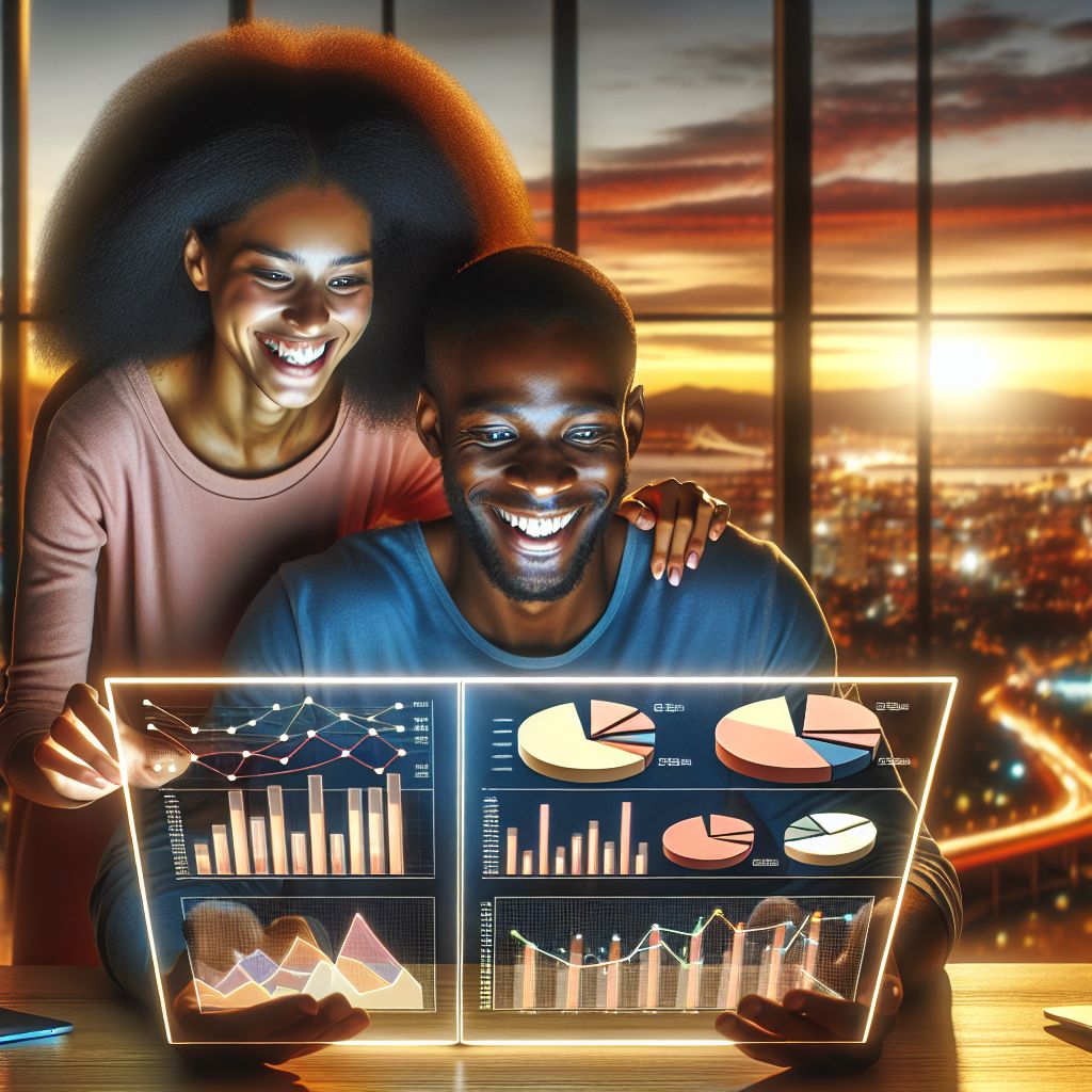 Two people smiling and analyzing data on a futuristic holographic display with hidden potential in the data, against a backdrop of cityscape at sunset.