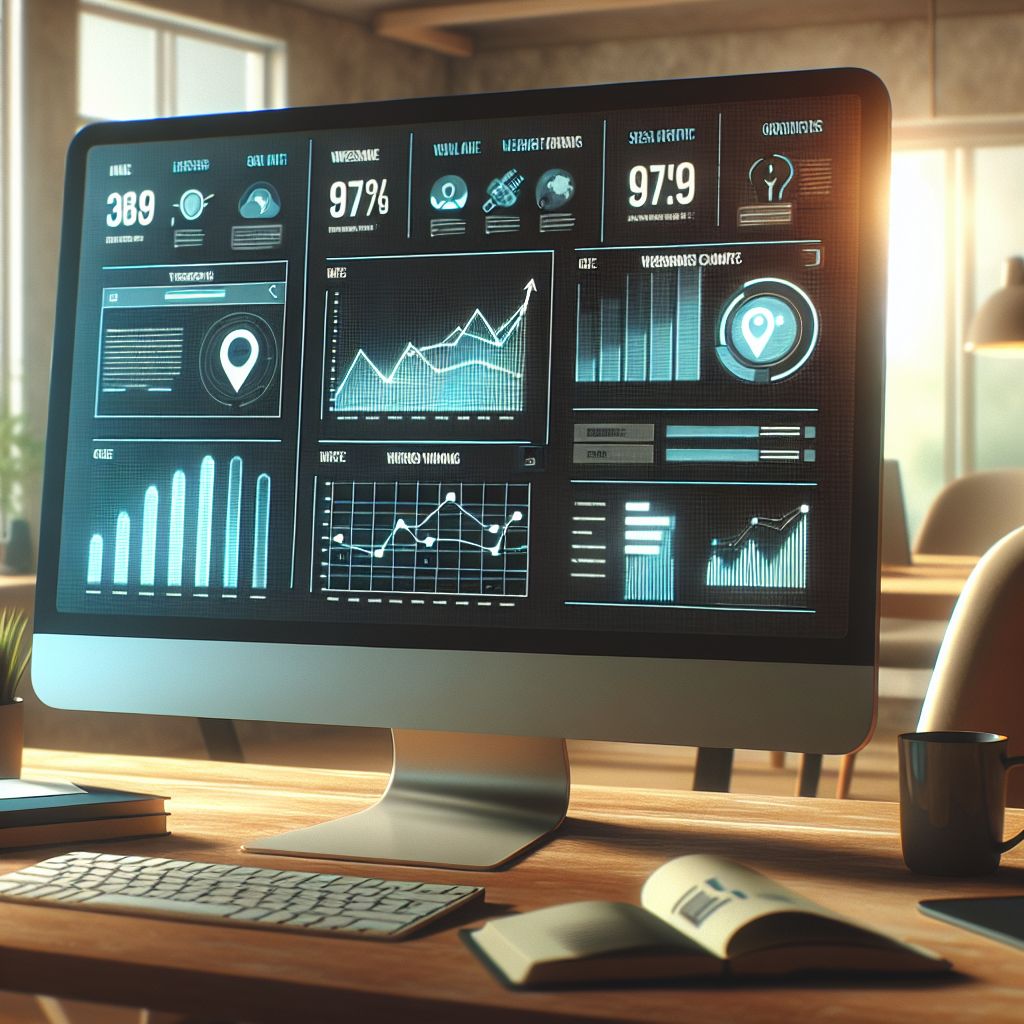 Computer monitor displaying various data analytics charts and graphs, including insights on hidden potential and zero traffic keywords, in an office setting.