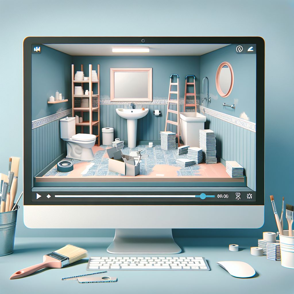 A computer displaying a 3D bathroom renovation design on the screen, surrounded by renovation planning tools, ideal for social media content.