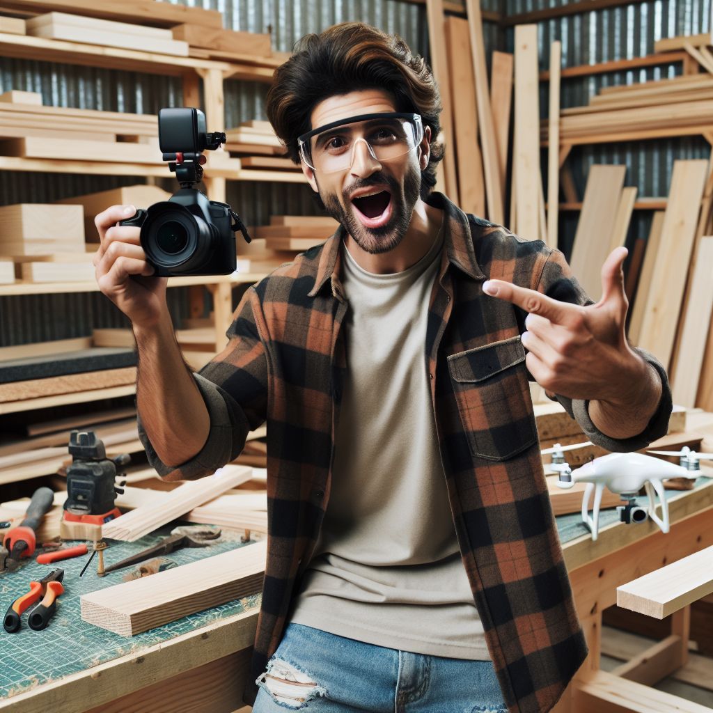 Deck builder in a woodworking workshop holding a camera and gesturing with enthusiasm for social media content ideas.