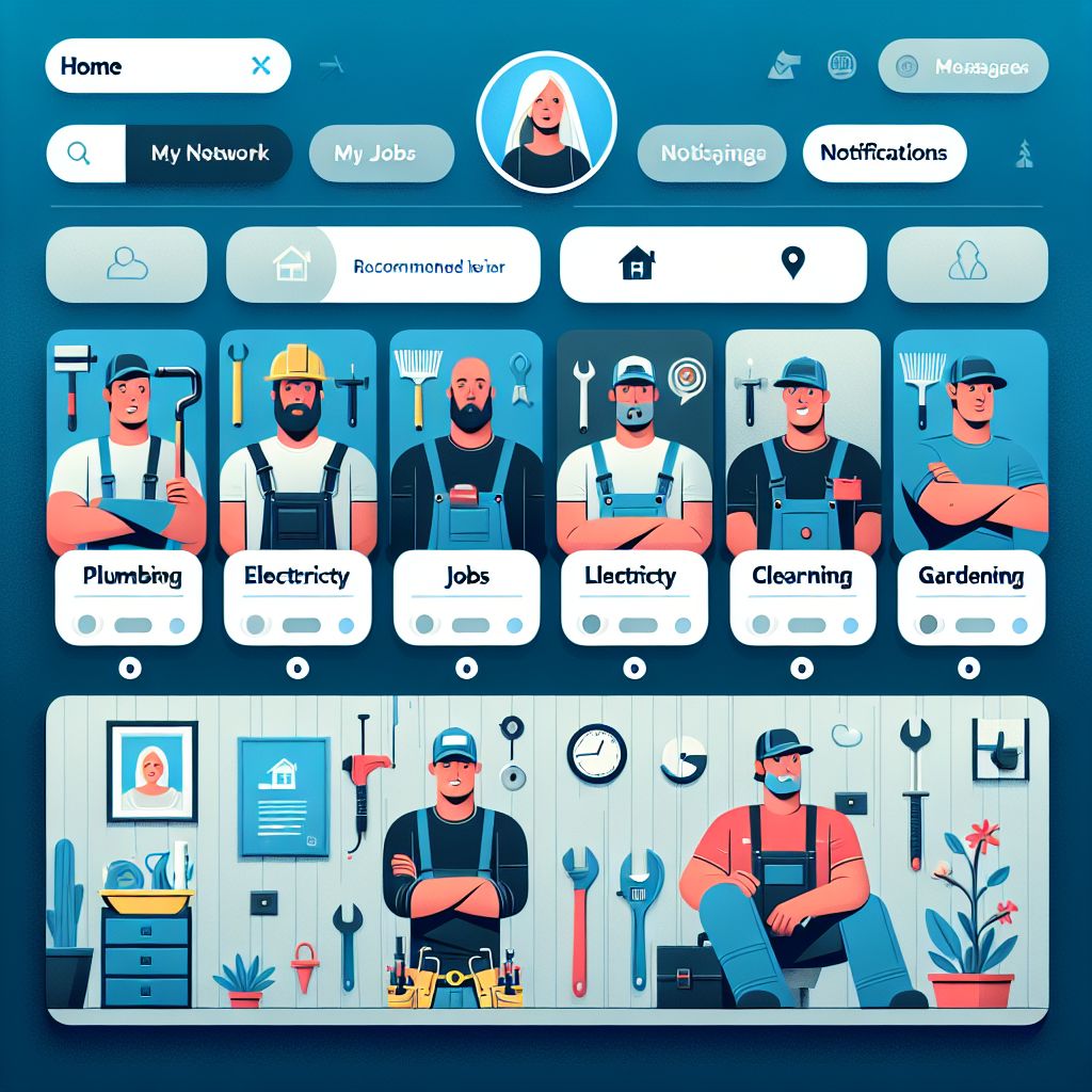 A stylized user interface for a home services app featuring categories like plumbing, electricity, refinishing companies, cleaning, and gardening, with illustrated workers and tools.