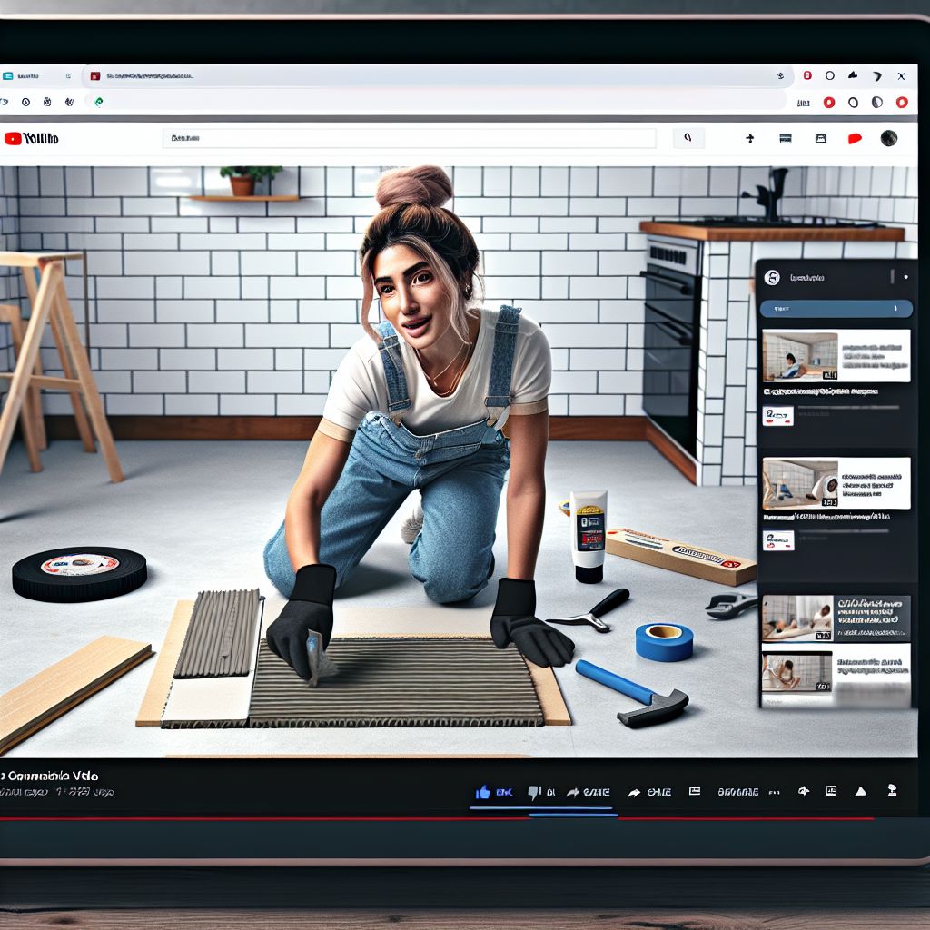 A screenshot of social media content showcasing a woman giving a DIY flooring demonstration.