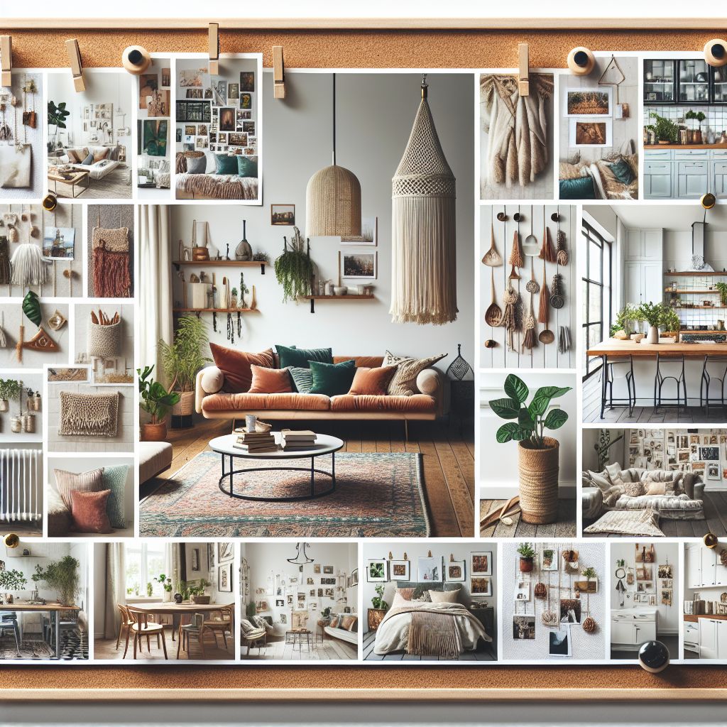 A collage of various bohemian-styled interior design elements featuring natural textures, plants, and neutral tones, perfect for social media content.