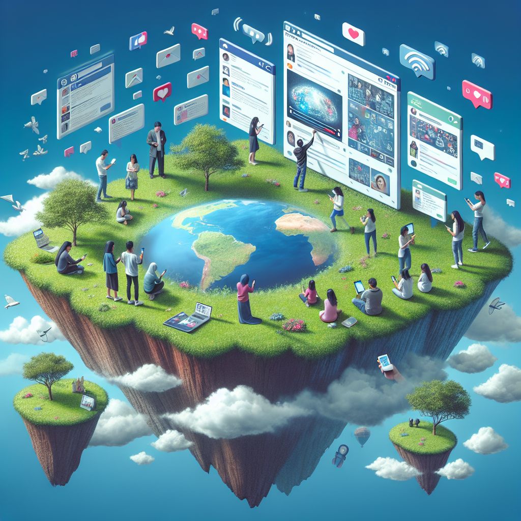 A conceptual representation of a digitally connected world, featuring individuals engaging in various online activities on floating islands above the earth, each island dedicated to different aspects of a Content Calendar Strategy.