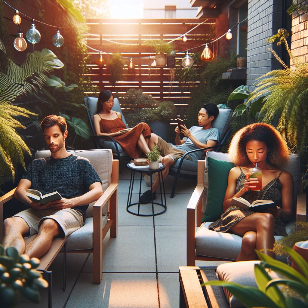 Four people relaxing in a cozy garden patio with lush greenery, reading books, and enjoying drinks as part of their home improvement business content calendar strategy.