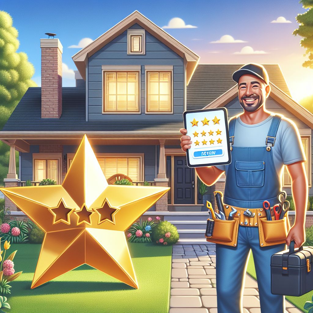 A smiling handyman displaying five-star reviews on a tablet, standing in front of a well-maintained house at sunset, illustrating the quality that matters in a home service business.