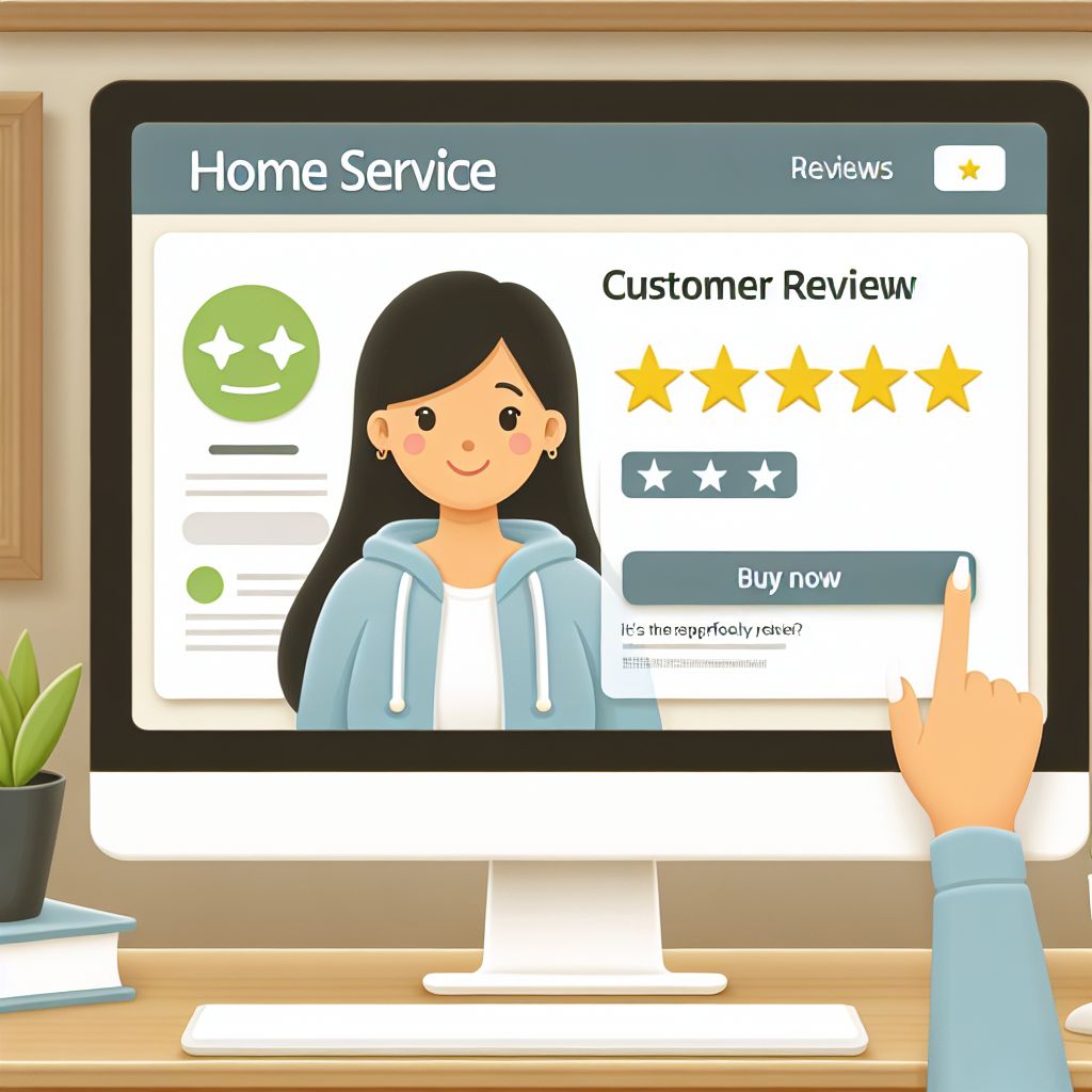 A user interface on a computer screen displaying a five-star customer review for a home service business with a happy customer avatar and a "buy now" button.