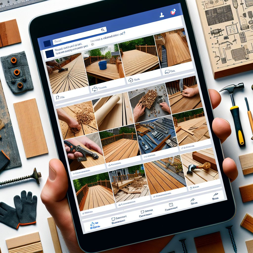 A person browsing DIY woodworking content ideas on a tablet, surrounded by various tools and materials.