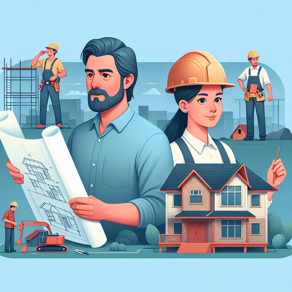 Two construction professionals reviewing blueprints with a house and construction site in the background, highlighting why reviews matter in the home service business.