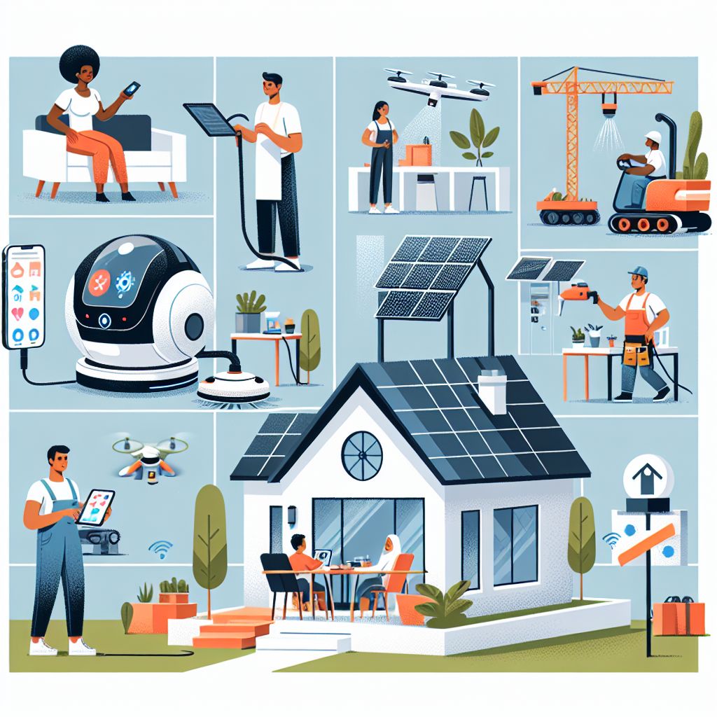 Illustration of various smart technology and home improvement market advancements in daily life, featuring robotics, drones, and sustainable energy solutions.