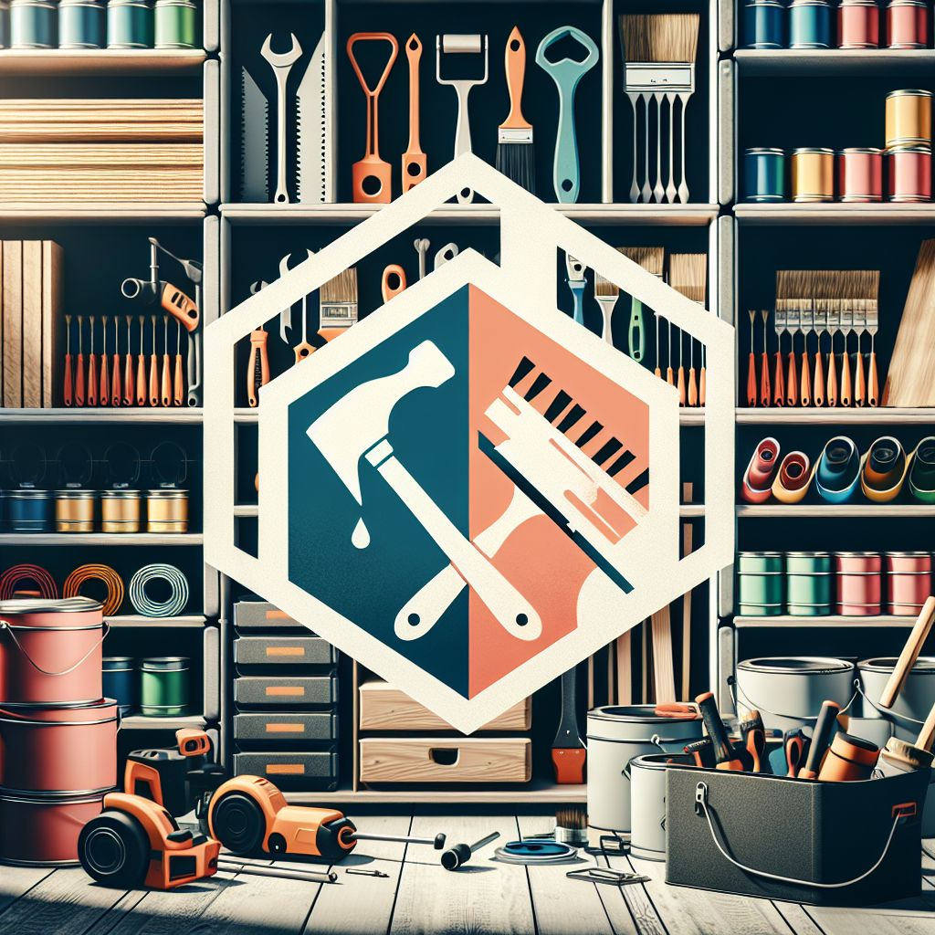 A well-organized home improvement workshop with an array of tools, paint cans, and hardware.