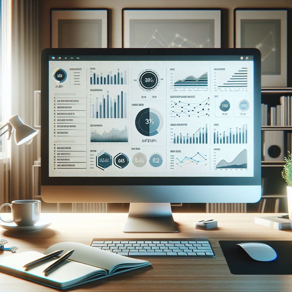 Modern workspace with a computer screen displaying various business analytics and charts related to tracking metrics.