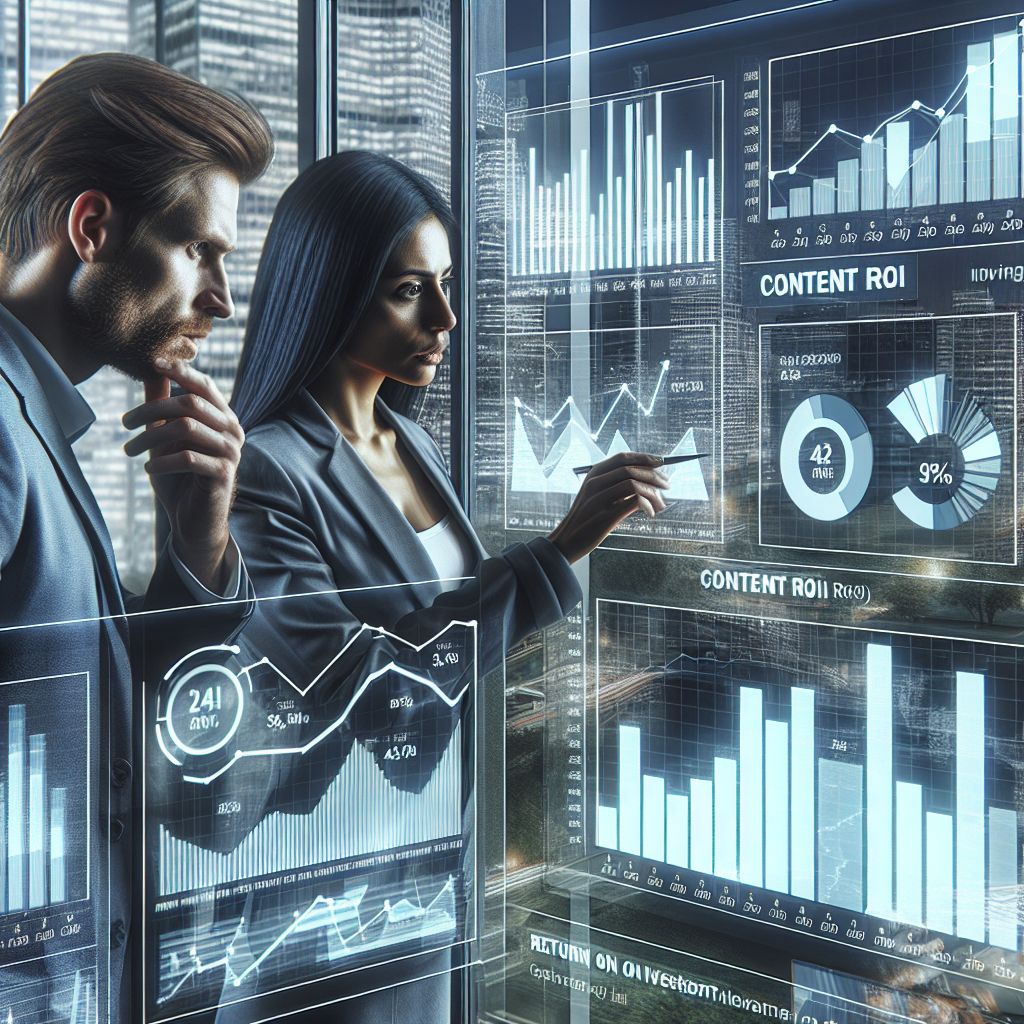 Two professionals tracking metrics on a transparent digital interface with graphs and content marketing insights.