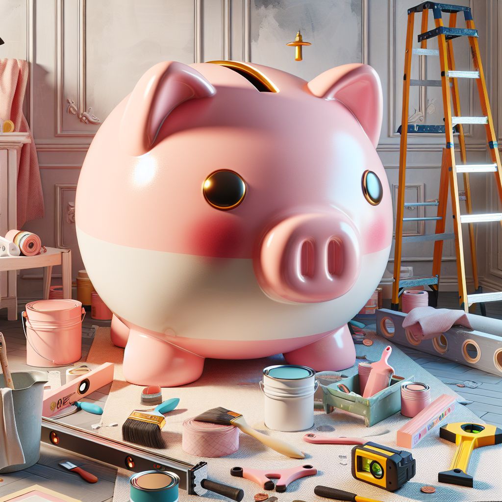 Giant piggy bank in a room under renovation with painting supplies and home improvement tools around.