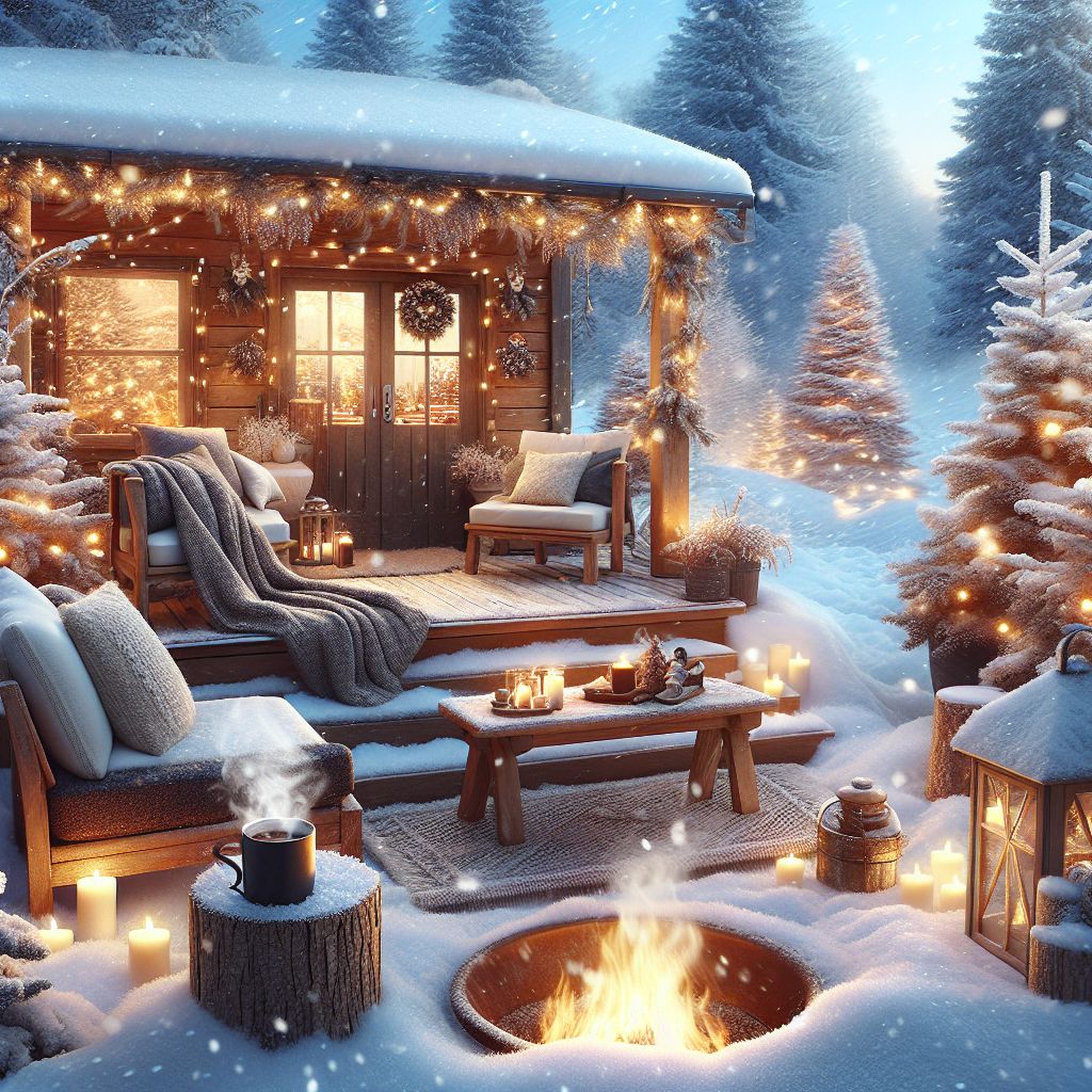 Cozy winter cabin with an outdoor seating area, designed by expert deck builders, illuminated by candles and a warm fire pit, surrounded by snow-covered pines.