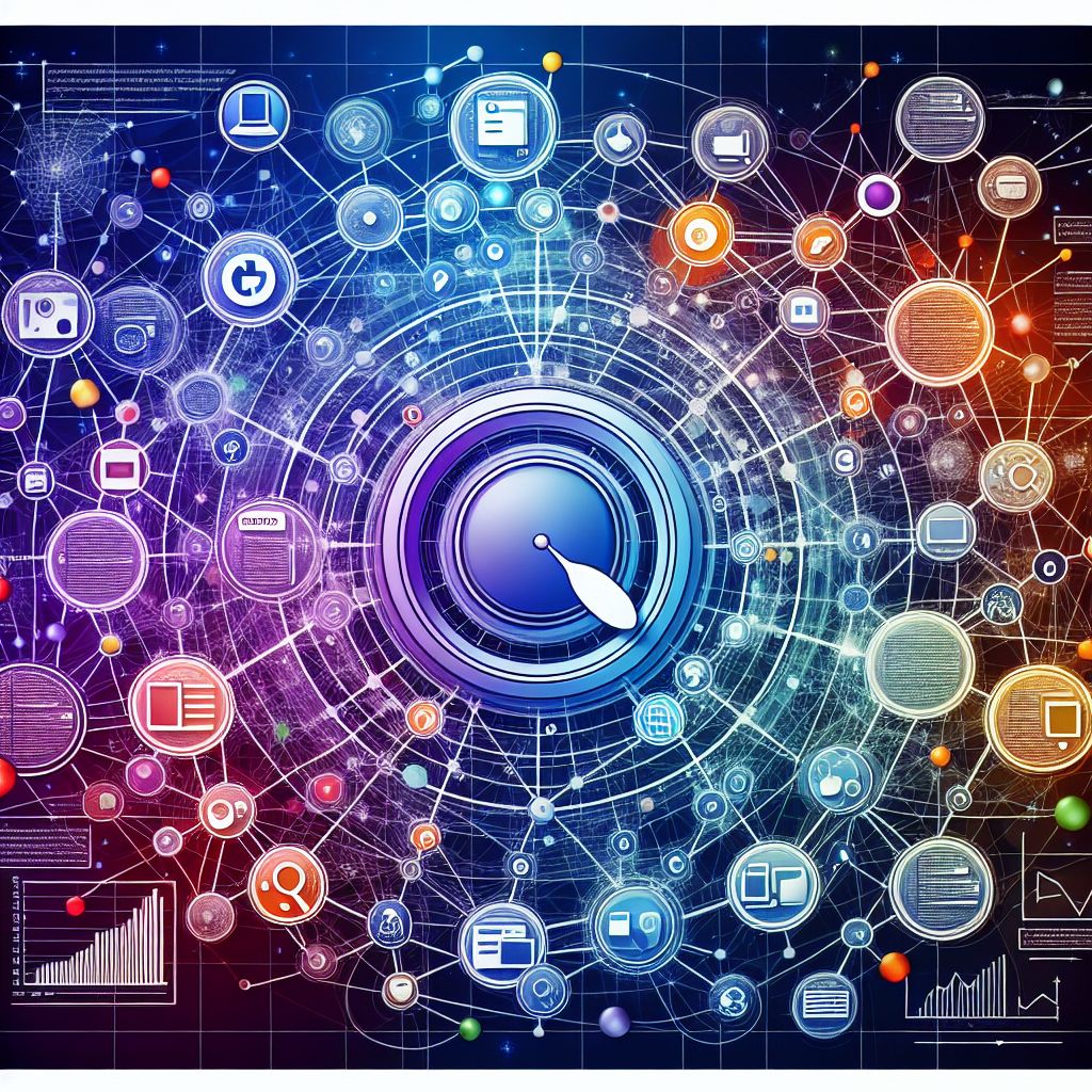 Abstract futuristic interface with various technological, data, and tracking metrics icons.