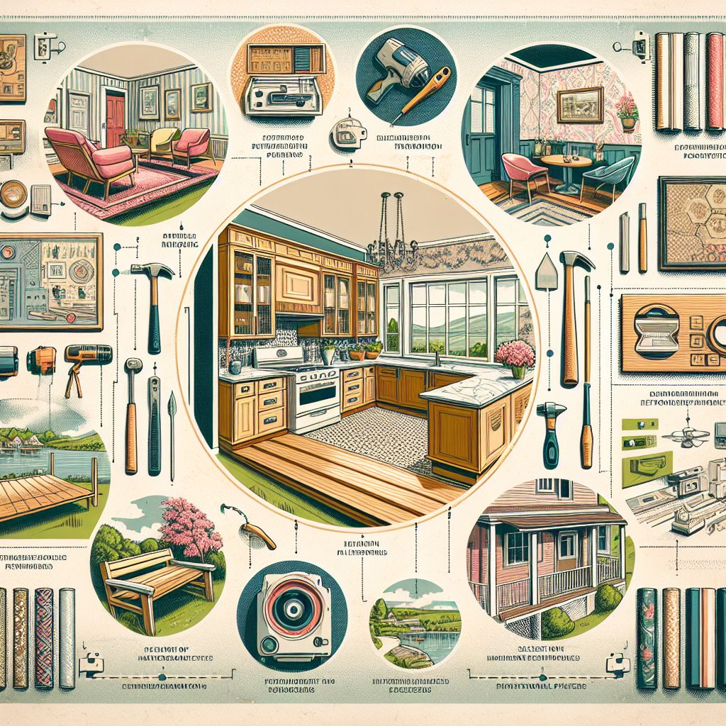 Illustration of various household elements and home improvement design styles from different decades, showcasing interior and exterior features, furniture, and decor.