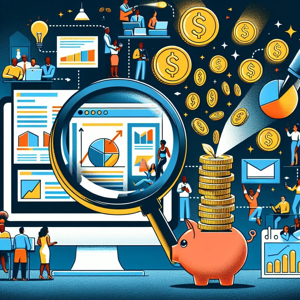 Illustration of financial analysis and investment strategies with diverse elements such as graphs, coins, people working, and tracking metrics.