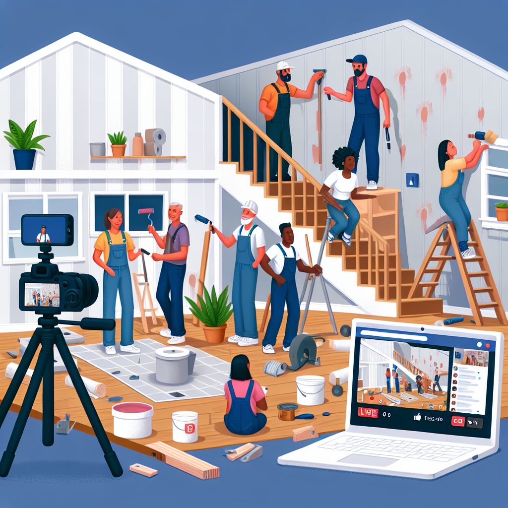 A group of animated characters engaged in a collaborative home renovation project, being live-streamed as social media content to an online audience.