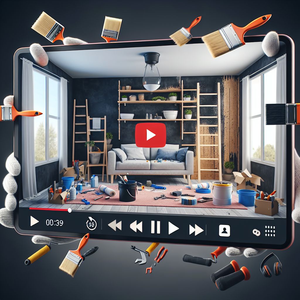 A digital composite image showcasing a home improvement-themed social media content video player interface with DIY tools and materials floating around the screen.