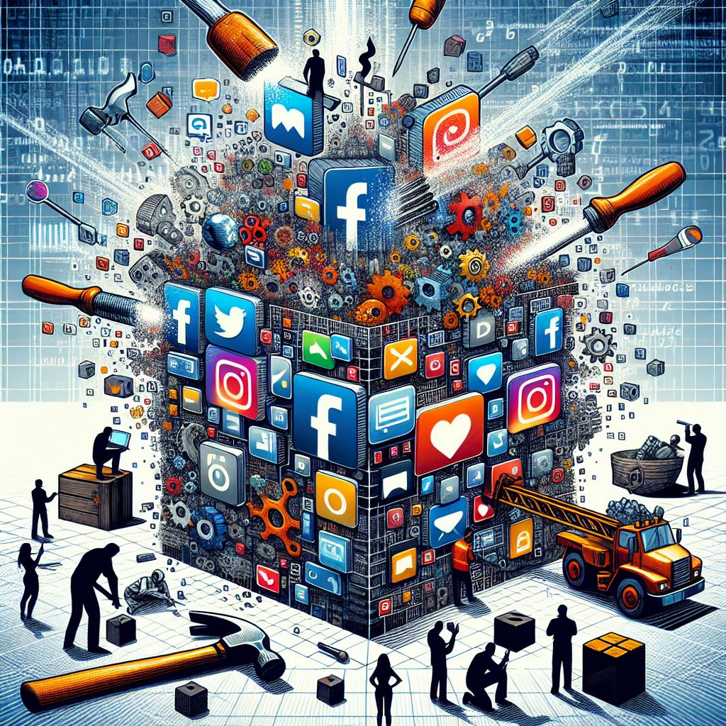 An illustrative depiction of social media platforms and digital interaction, portrayed as a bustling construction site with iconic app logos, showcasing vibrant content ideas for remodeling companies.