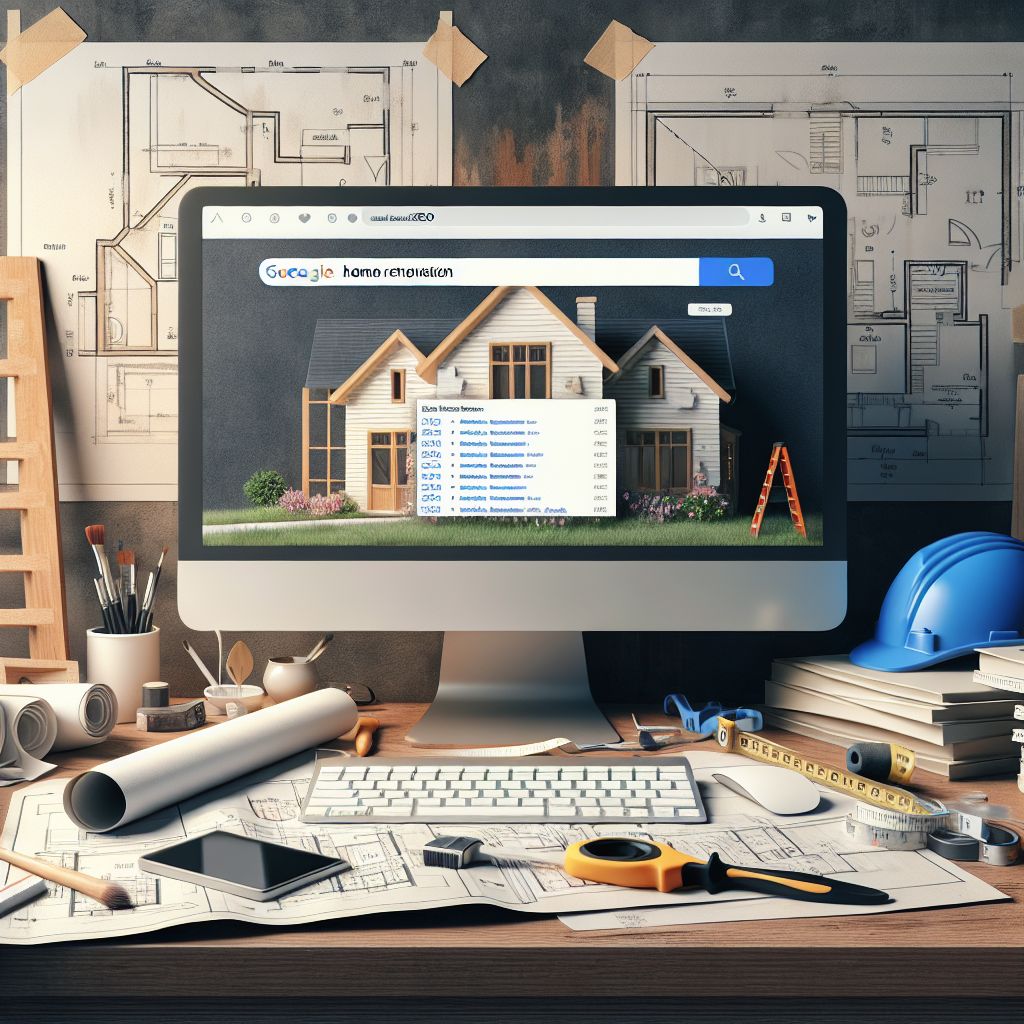 Computer on a desk displaying a house design website with architectural plans and tools around it, ranked in the Local 3Pack on Google Maps.