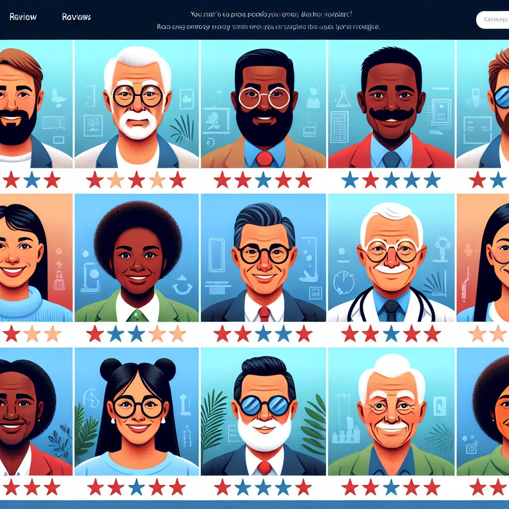 Grid of stylized portraits representing diverse people, with a Google Maps five-star rating system beneath each.