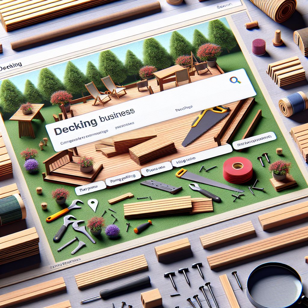 Illustration of a decking business website concept with construction materials and tools, prominently featured in the local 3Pack on Google Maps.