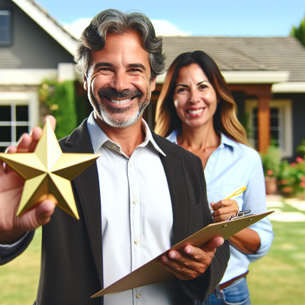 Man holding a gold star with smiling woman holding a clipboard standing behind him in front of a house, representing their successful home service business.