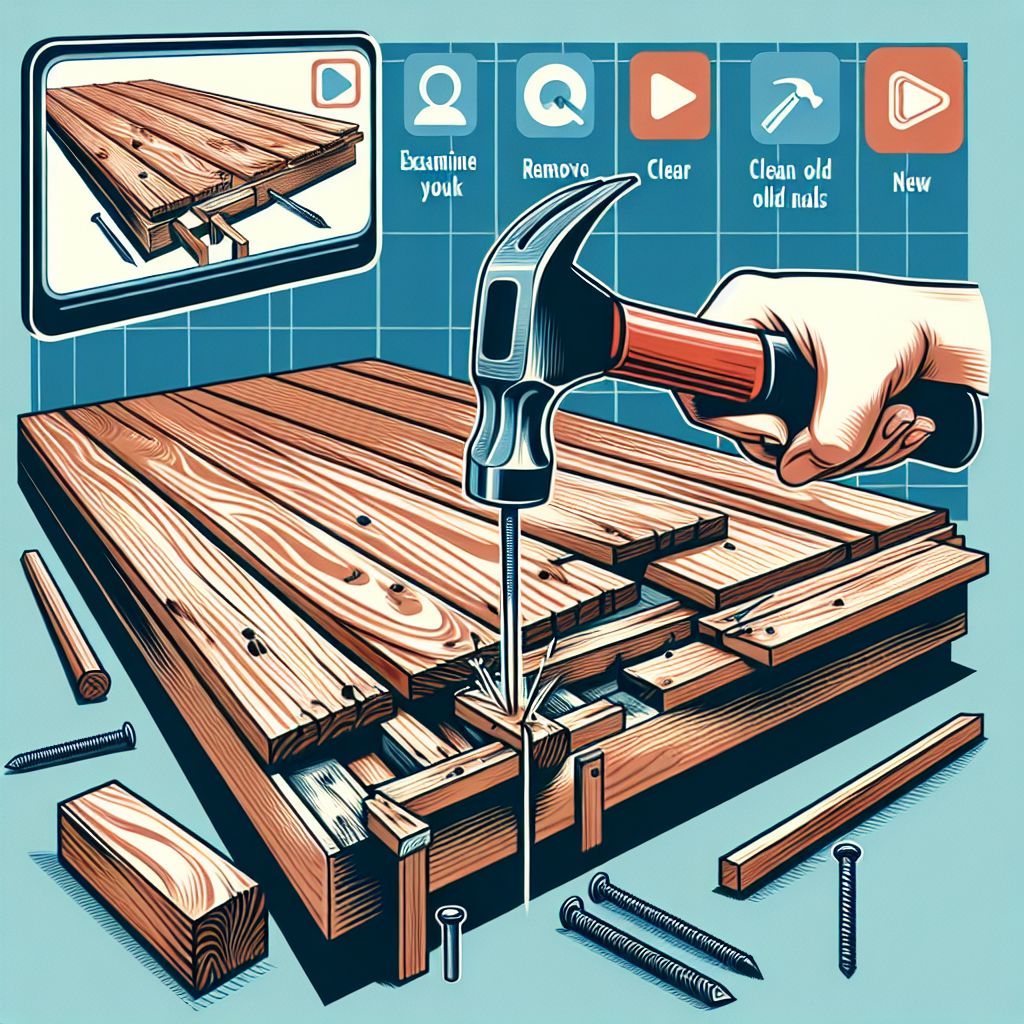 Illustration depicting the process of refurbishing old wooden planks for deck builders, featuring steps such as examining the wood, removing nails, cleaning, and preparing for reuse.