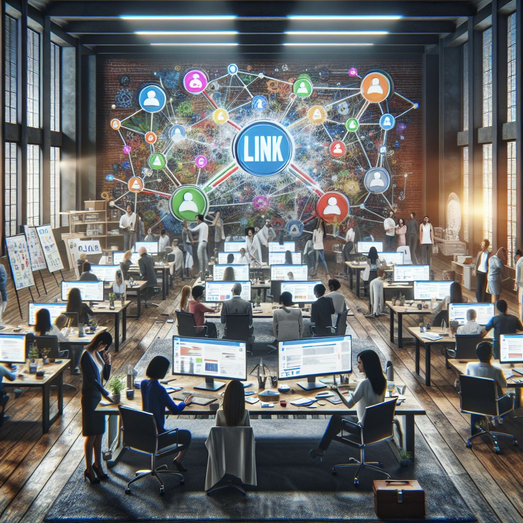 A large, open-plan office with many people working at desks. A big "LINK" sign and connected digital icons are displayed on a wall. Amidst the hustle, employees engage in content creation and link building, while others walk and interact with the board.