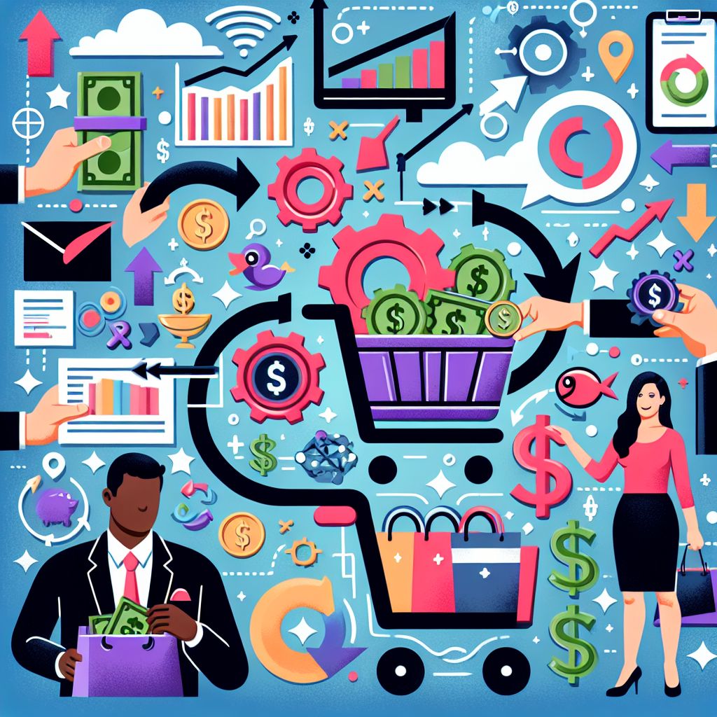 Colorful illustration depicting various elements of business and finance, including charts, graphs, money, gears, and people engaging in transactions and presentations—perfect for visualizing content marketing strategies.