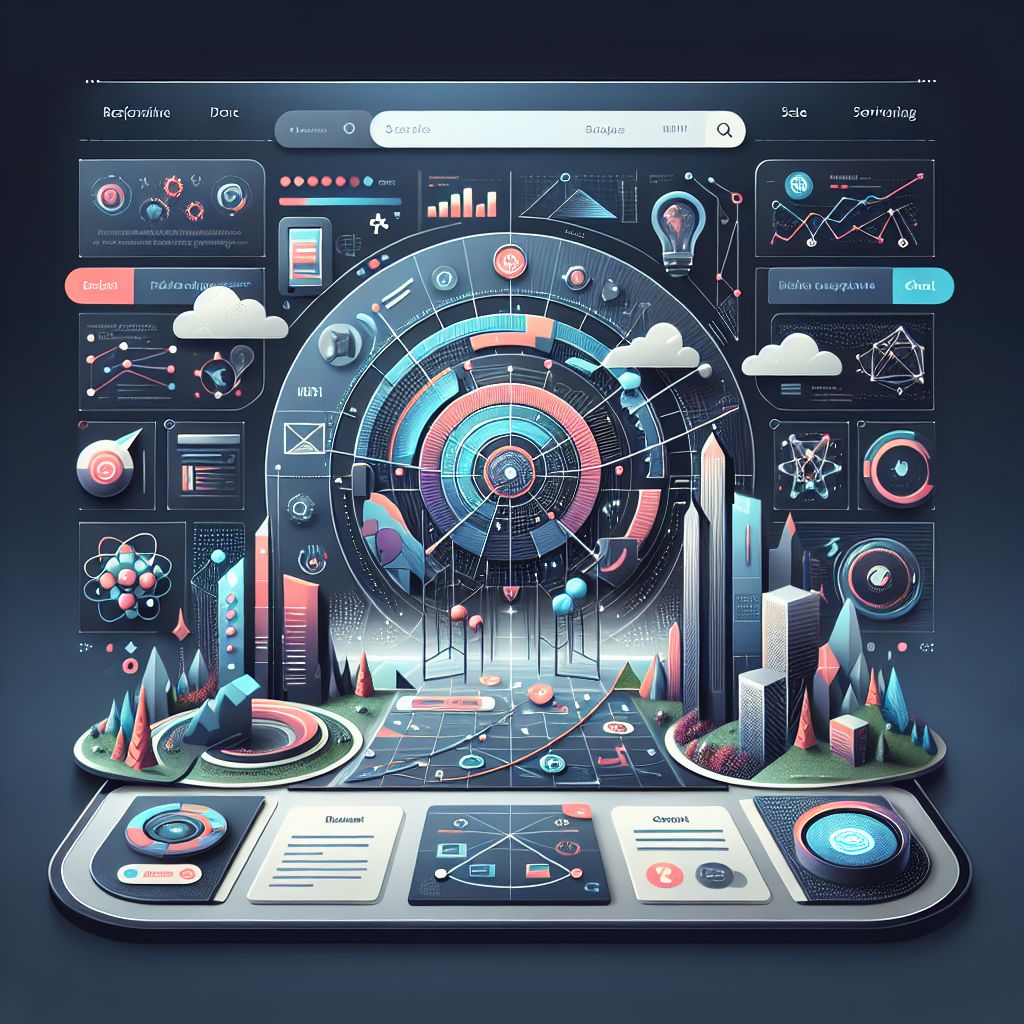 A digital dashboard with graphs, charts, and futuristic cityscape elements, seamlessly integrating content marketing strategies while displaying various data visualizations and technical interfaces.