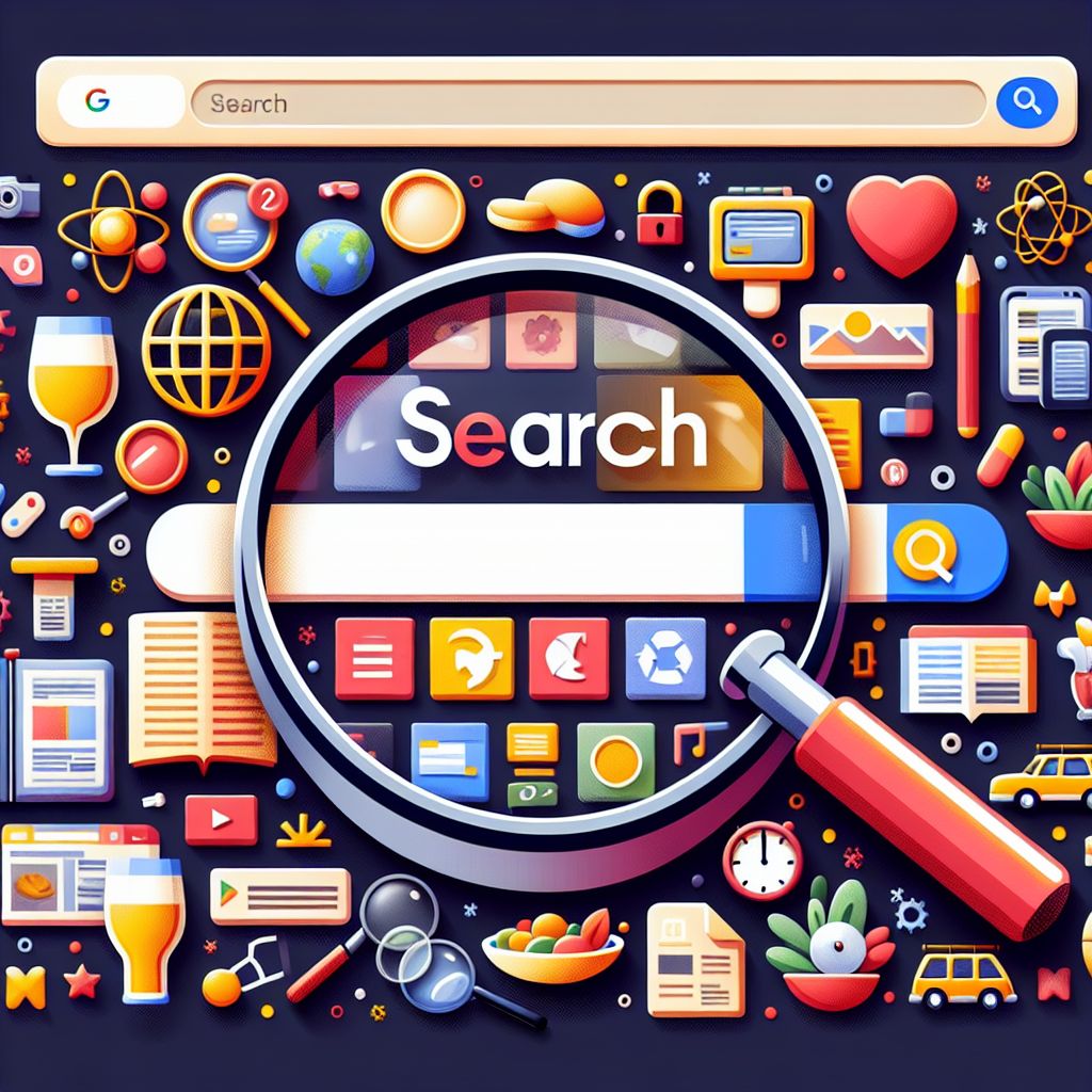 Illustration of a search bar with a magnifying glass over it, surrounded by various icons representing internet browsing, including a globe, books, documents, and multimedia symbols. Perfect for crafting content relevant to your home improvement business.