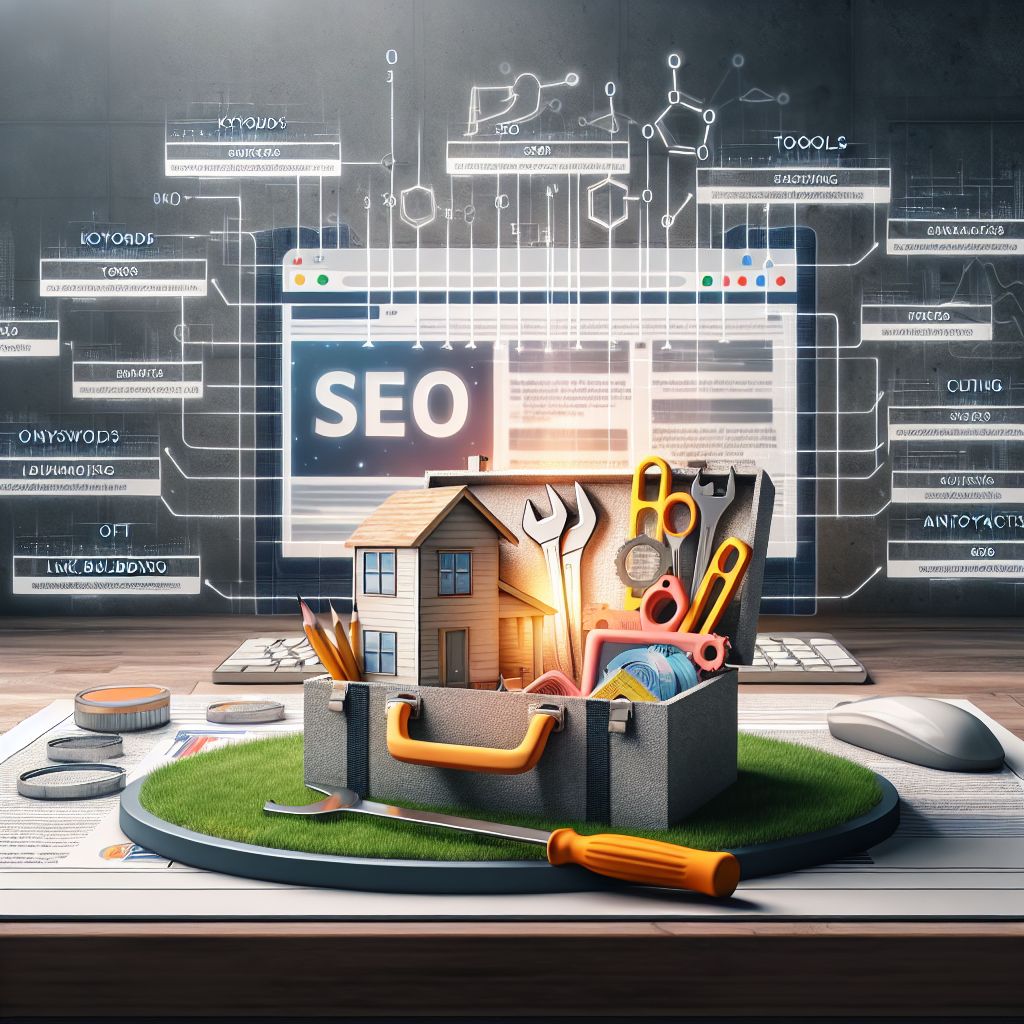 A model house sits in a toolbox surrounded by various tools in front of a computer displaying the text "SEO". This setup symbolizes the concept of building and optimizing websites for better content marketing.