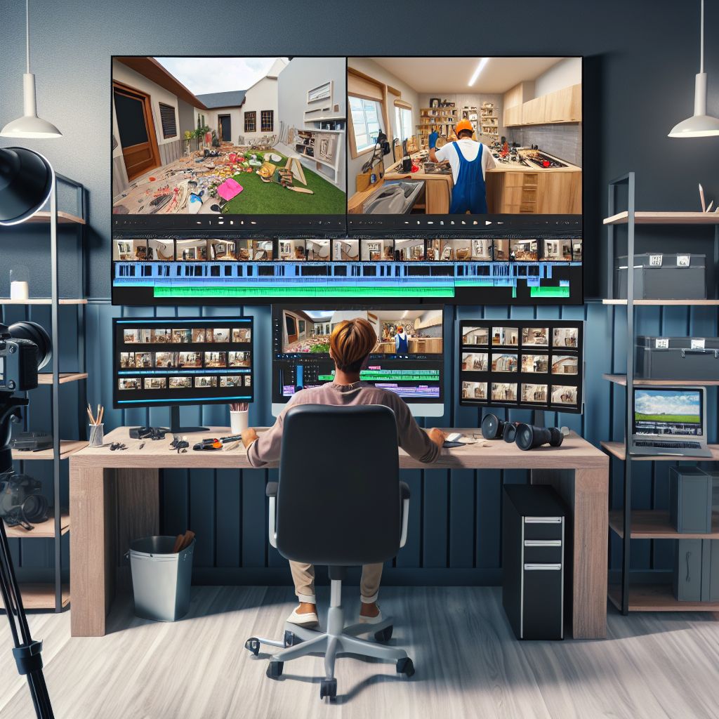 A person sits at a desk with multiple monitors, editing a "how-to" video featuring scenes of kitchen and workshop home improvement projects. The room is equipped with shelves, another desk, and studio lighting.