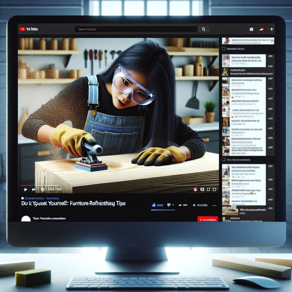 Computer screen displaying a YouTube how-to video on furniture refinishing. The video shows a person using a sander on a wooden piece. The sidebar lists related home improvement videos.