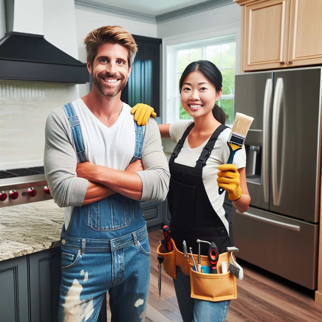 A man in overalls and a woman in a tool belt and gloves stand in a modern kitchen. The man has his arms crossed, and the woman holds a paintbrush. They both smile at the camera, showcasing their handiwork to attract more customers.